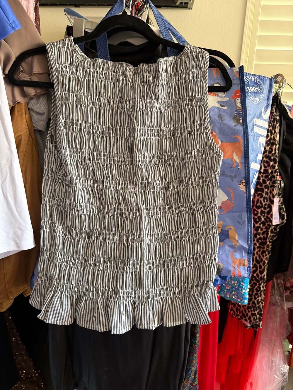 SHEIN Striped Smocked Ruffle Hem Tank Top